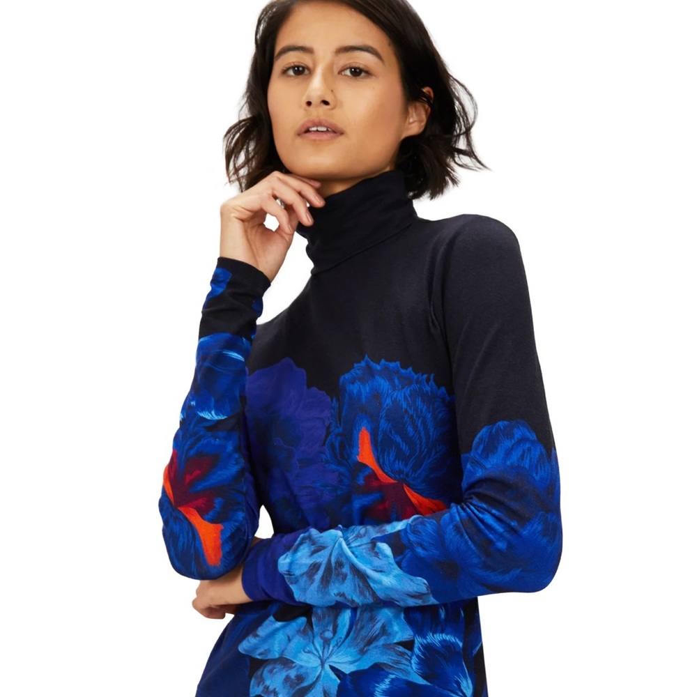 Floral Turtleneck Top - Blue and Red
